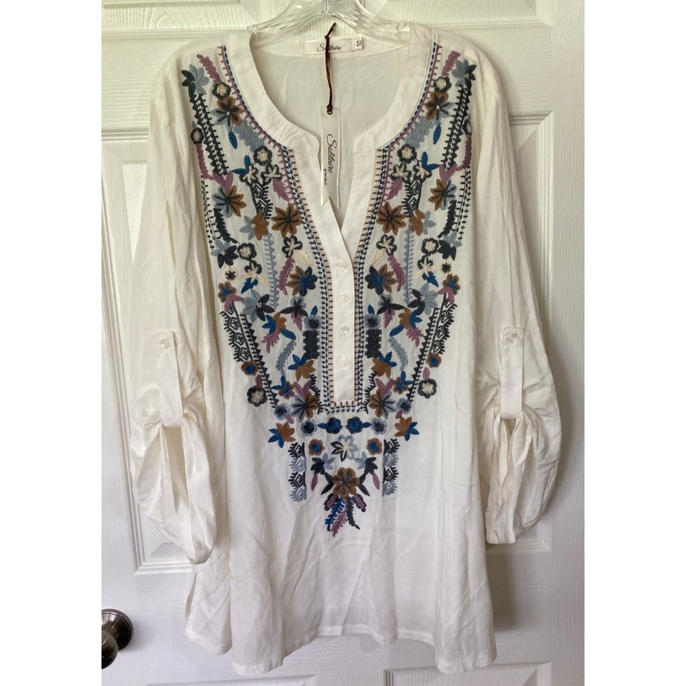 Solitaire Embroidered White Boho Tunic 3X Plus NWT Tab Sleeve Plum Blue Tan Gray